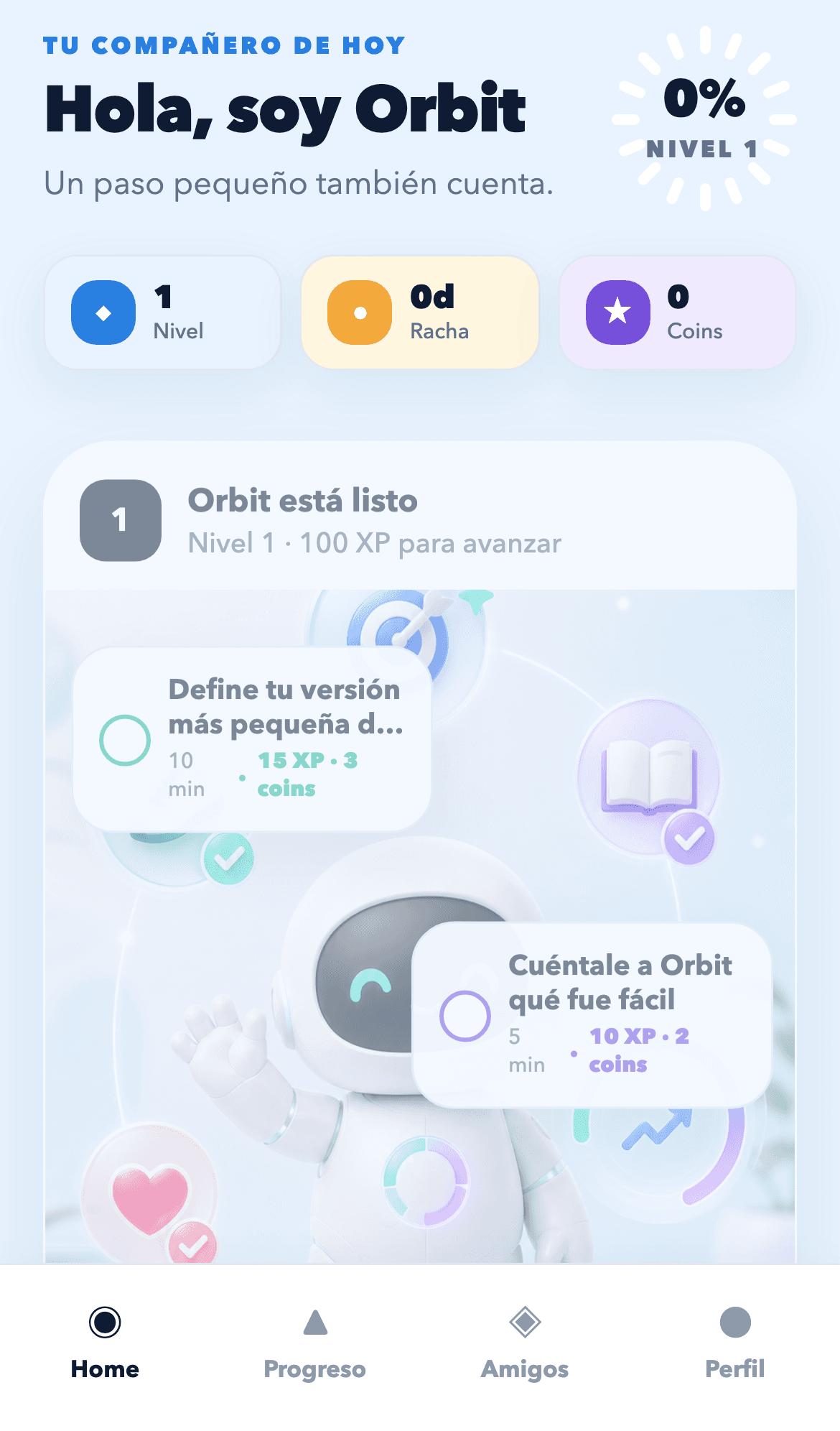 Pantalla principal de Evo AI con misiones diarias y Orbit