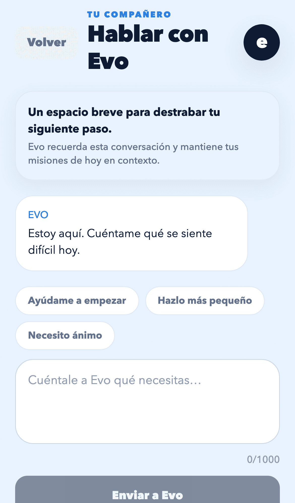 Destraba lo que te frena. Pantalla de Evo AI.